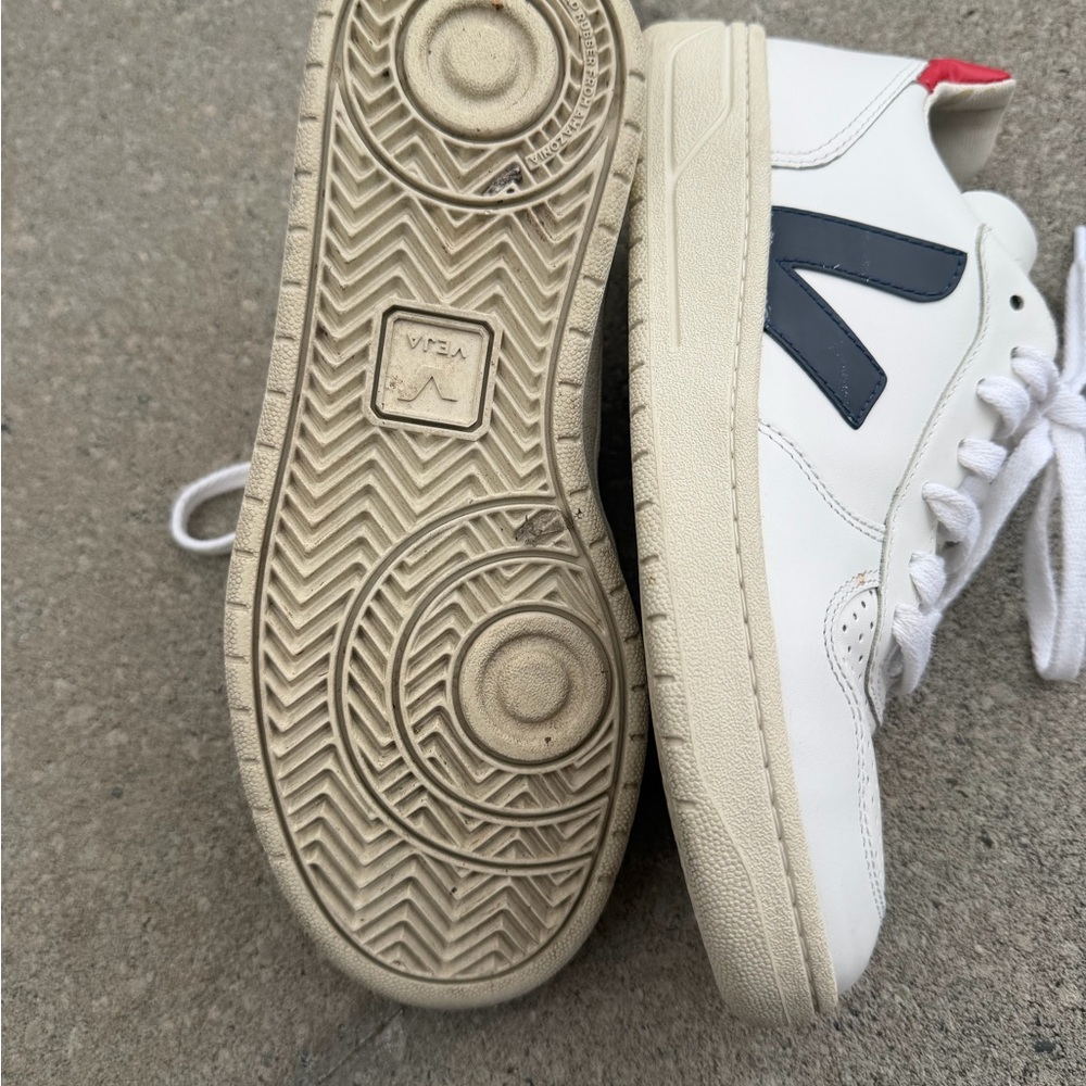 Veja White Leather Sneakers with Navy V and Red Heel Tab - Picture 8 of 10